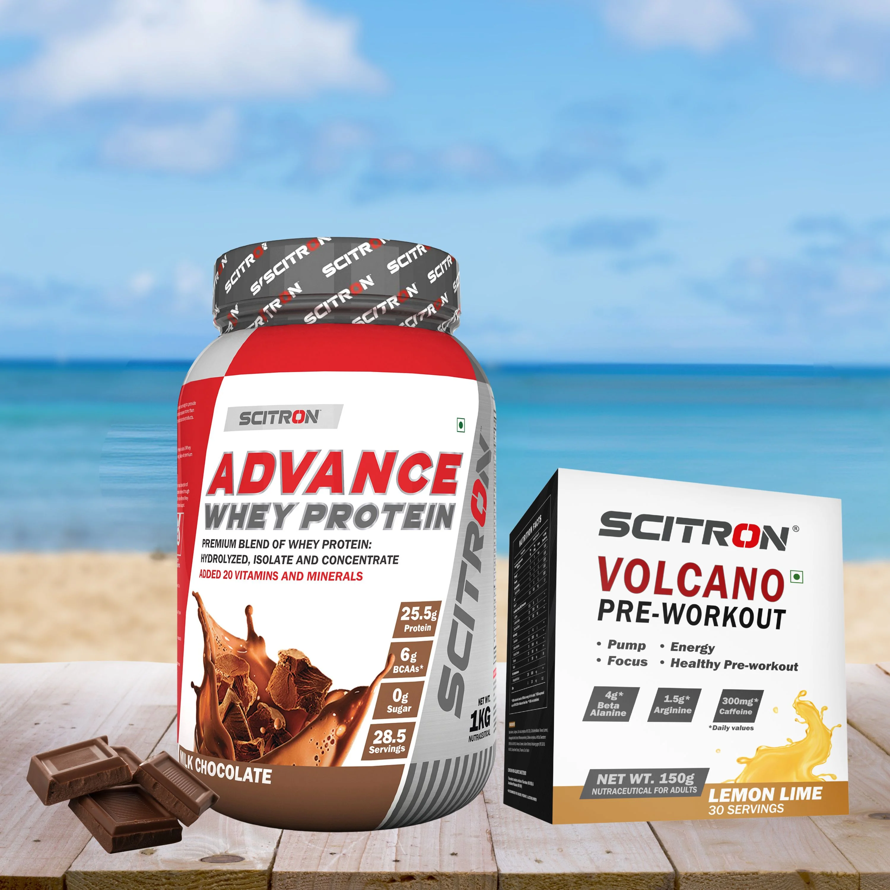 Scitron Advance Whey Milk Chocolate 1kg with Scitron Volcano Pre Workout 150g - Image 3